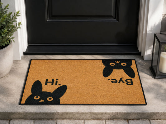 Suupia Hi Bye Black Cat doormat, styled product view 1