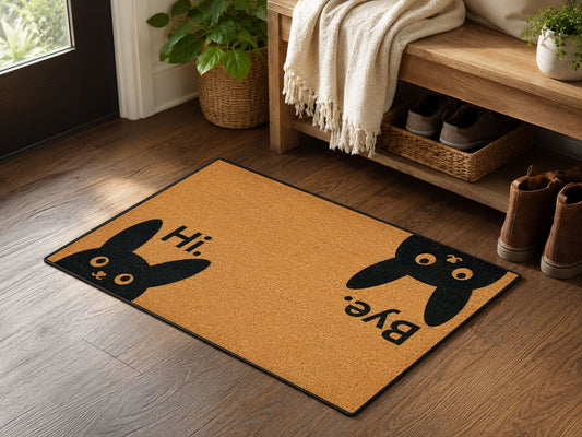 Suupia Hi Bye Black Cat doormat, styled product view 2