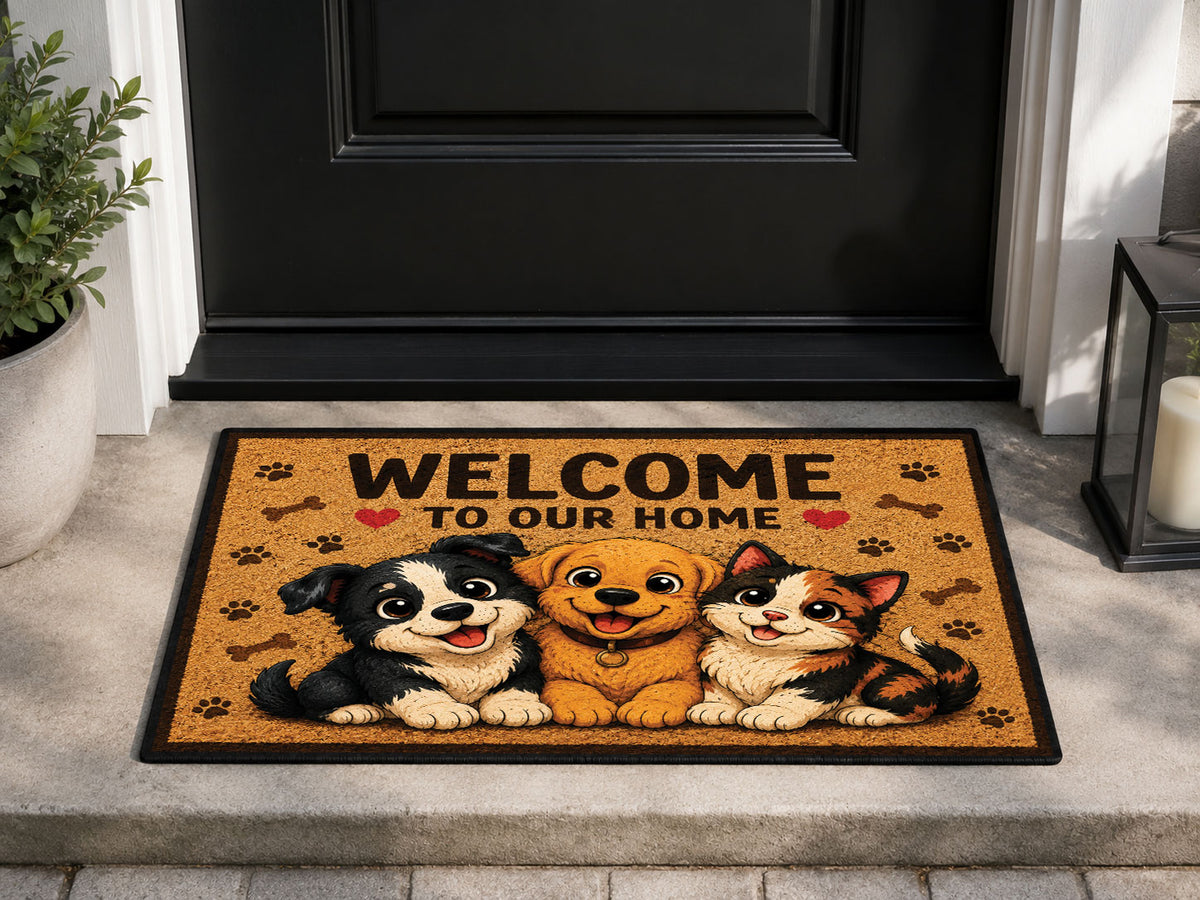 Suupia Welcome to Our Home Happy Pets doormat, styled product view 1