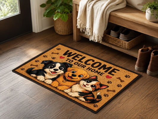 Suupia Welcome to Our Home Happy Pets doormat, styled product view 2