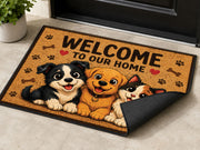 Suupia Welcome to Our Home Happy Pets doormat, styled product view 3