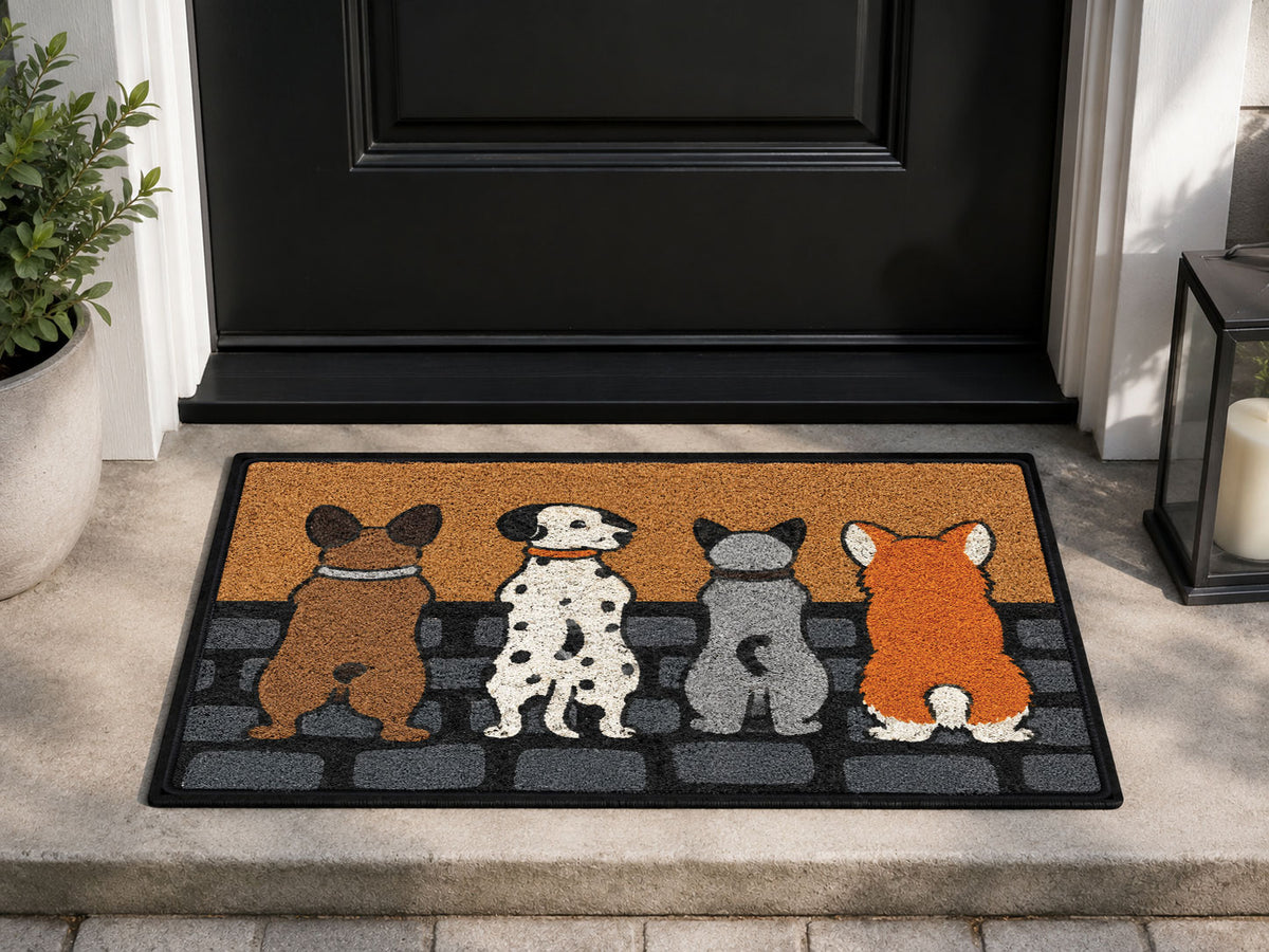 Suupia Four Dogs on a Wall doormat, styled product view 1
