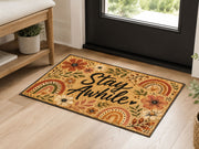 Suupia Stay Awhile doormat with boho flowers and rainbows, styled view 4