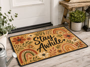 Suupia Stay Awhile doormat with boho flowers and rainbows, styled view 6