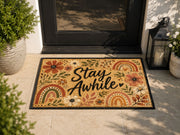 Suupia Stay Awhile doormat with boho flowers and rainbows, styled view 7