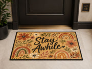 Suupia Stay Awhile doormat with boho flowers and rainbows, styled view 8