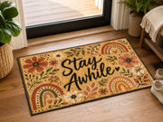 Suupia Stay Awhile doormat with boho flowers and rainbows, styled view 10
