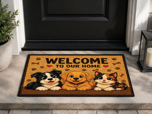 Suupia Welcome to Our Home Pets doormat, styled product view 1