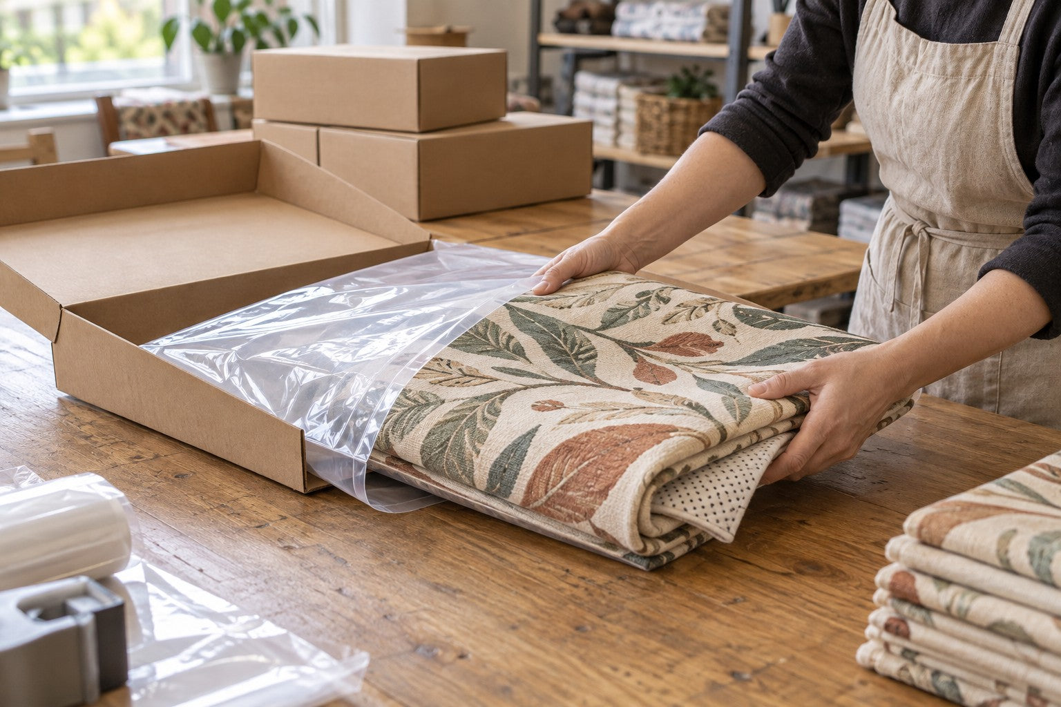 Illustration of a folded printed rug being placed in protective packaging.