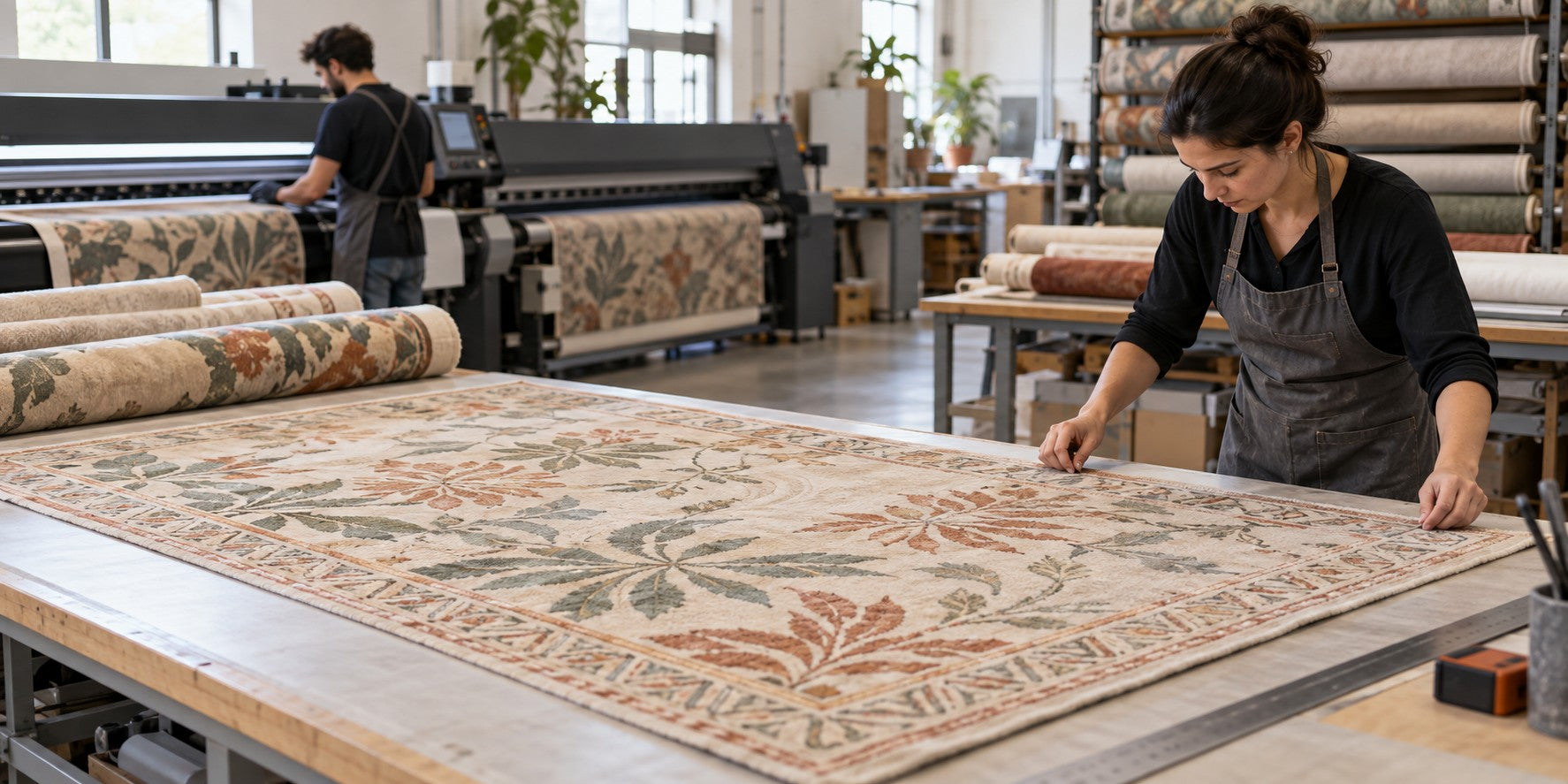 Illustration of printed rugs on a worktable in a textile workshop.